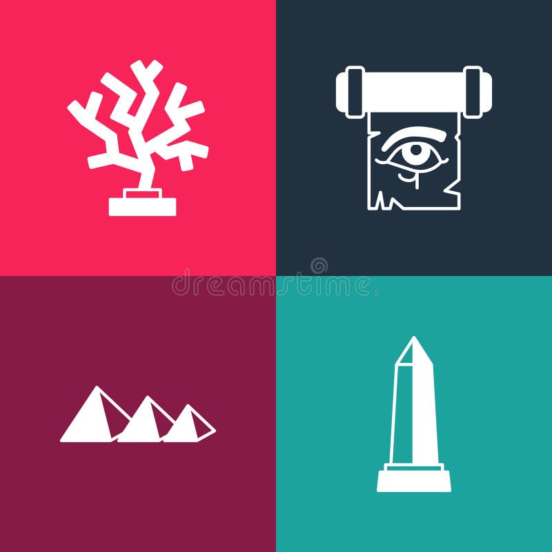 Set pop art obelisk of alexandria egypt pyramus eye horus on papyrus scroll and coral icon. vector stock illustration