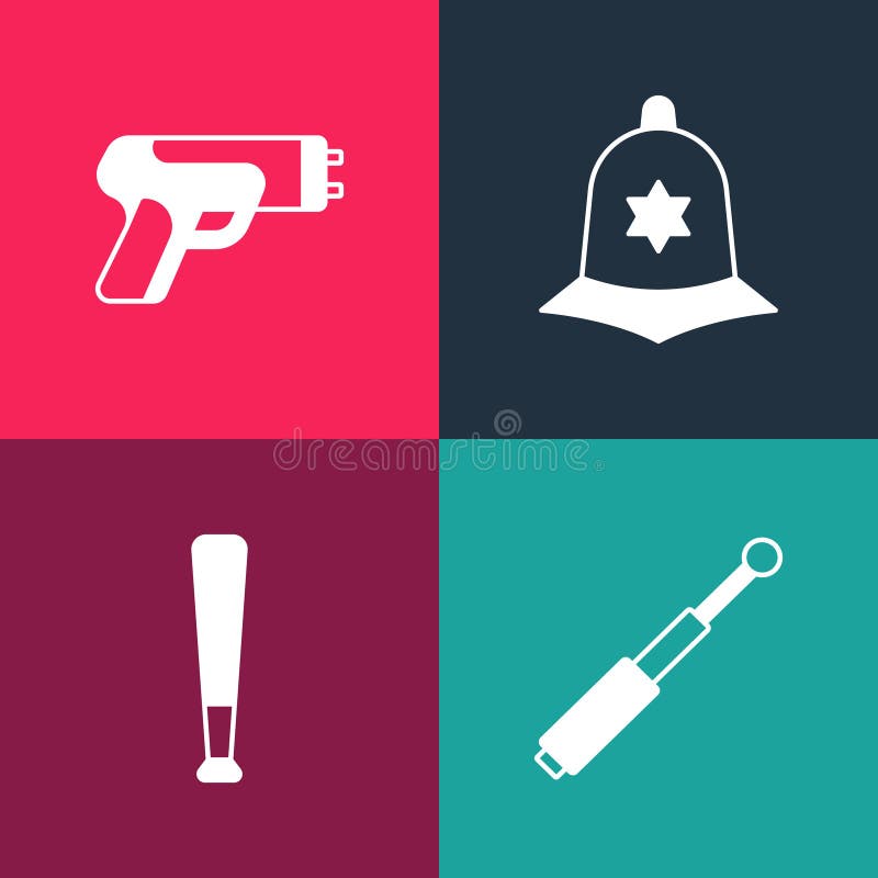 Set pop-art telescopic baston de baseball casca poliției britanice și pictograma șocant electric a poliției. vector stock illustration