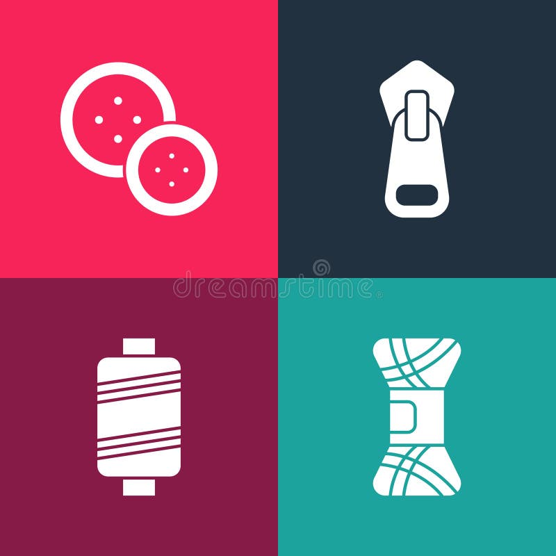 Set pop art Yarn, Sewing thread, Zipper and button icon. Vector vector illustration
