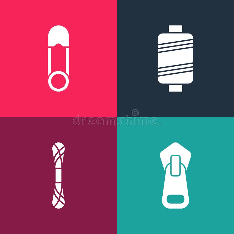 Set pop art Zipper, Yarn, Sewing thread and Safety pin icon. Vector vector illustration