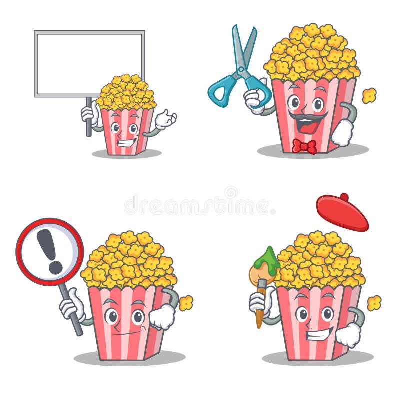 Set popkornu charakter z deskowym fryzjera męskiego znaka artystą royalty ilustracja