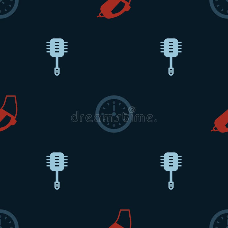 Set Portable Vacuum Cleaner, Clock and Toilet Brush on Seamless Pattern