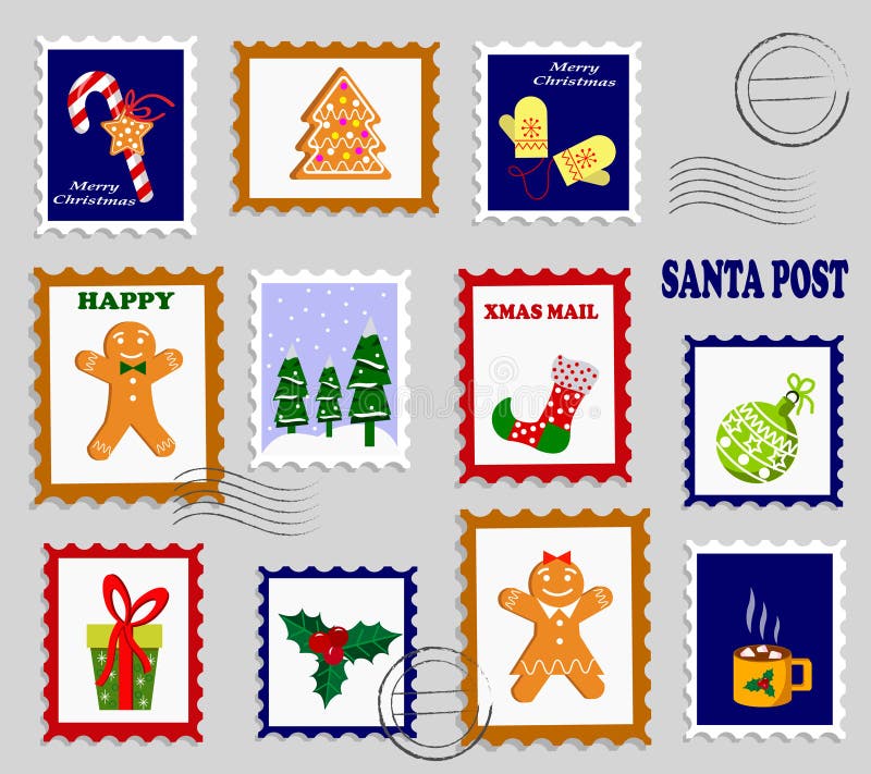 A set of cute hand-drawn postage stamps with Christmas and New Year  attributes, a mug