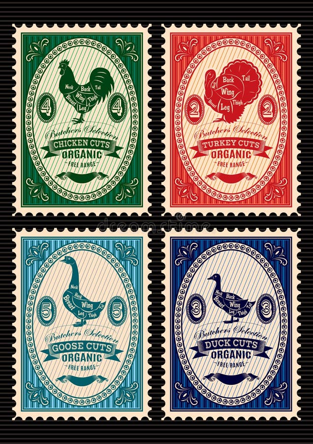 Set of postage stamps with rooster, turkey, goose, duck royalty free illustration Set of postage stamps with rooster, turkey, goose, duck royalty free illustration