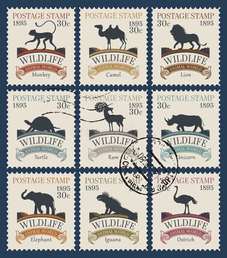 Set of postage stamps on the theme of wildlife with animals