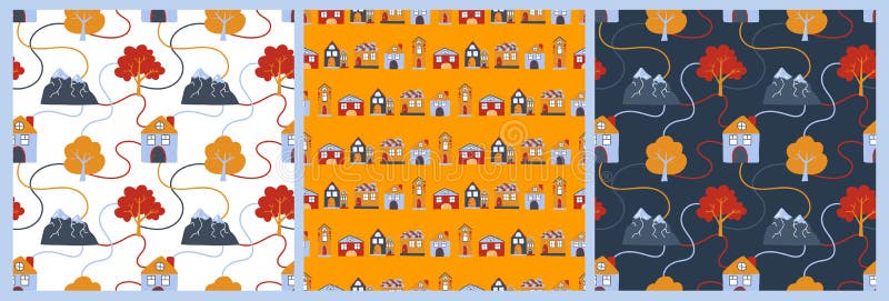 A set of posters and patterns with Nordic houses and mountains, Scandinavian nature royalty free illustration