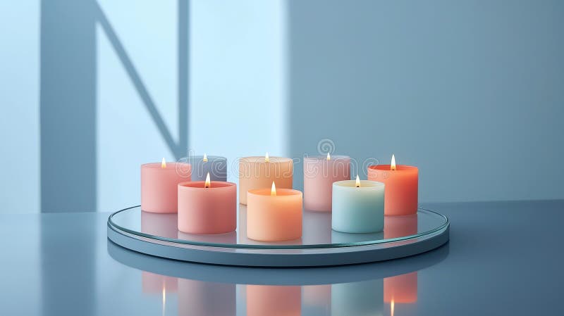 Set of premium candles, neatly arranged on a reflective glass tray, with their gentle glow royalty free stock photos