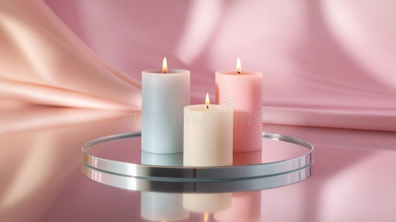 Set of premium candles, neatly arranged on a reflective glass tray, with their gentle glow royalty free stock images