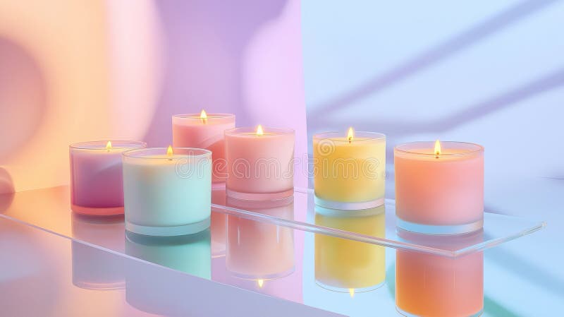 Set of premium candles, neatly arranged on a reflective glass tray, with their gentle glow royalty free stock images