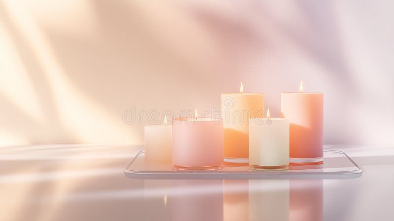 Set of premium candles, neatly arranged on a reflective glass tray, with their gentle glow stock image