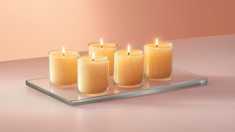 Set of premium candles, neatly arranged on a reflective glass tray, with their gentle glow royalty free stock photos
