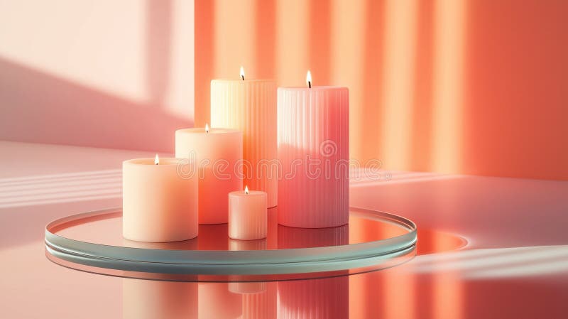 Set of premium candles, neatly arranged on a reflective glass tray, with their gentle glow royalty free stock images