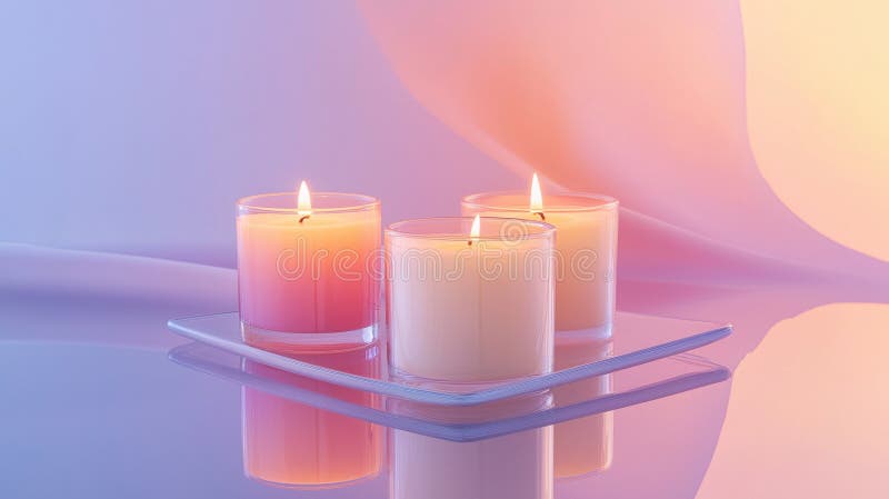 Set of premium candles, neatly arranged on a reflective glass tray, with their gentle glow royalty free stock image