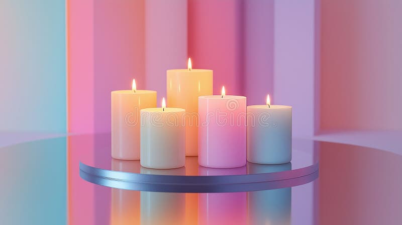Set of premium candles, neatly arranged on a reflective glass tray, with their gentle glow royalty free stock photos