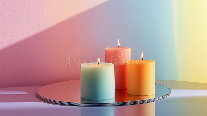 Set of premium candles, neatly arranged on a reflective glass tray, with their gentle glow royalty free stock photo