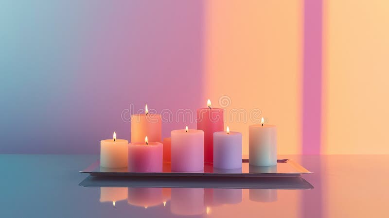 Set of premium candles, neatly arranged on a reflective glass tray, with their gentle glow stock photography