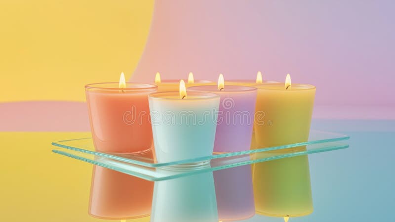 Set of premium candles, neatly arranged on a reflective glass tray, with their gentle glow royalty free stock photo