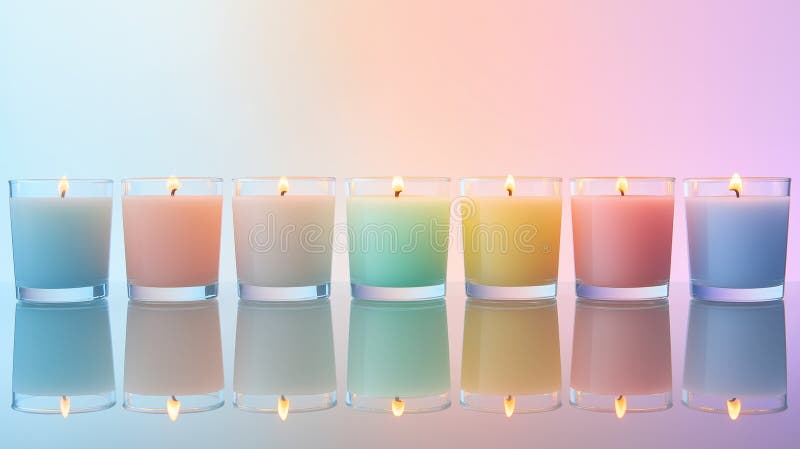 Set of premium candles, neatly arranged on a reflective glass tray, with their gentle glow royalty free stock image