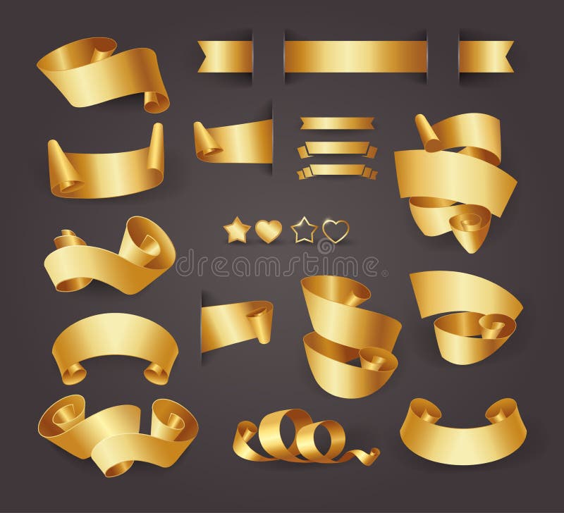 Set of premium golden ribbons for your design. Vector illustration. Golden design elements. seals, banners, hearts and stars. Gold