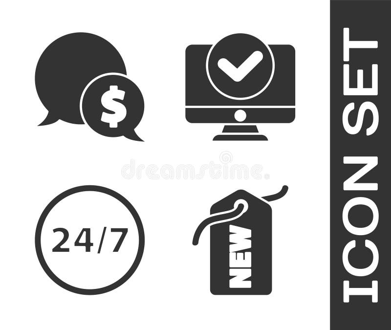 Set Price tag with New, Speech bubble with dollar, Clock 24 hours and Computer monitor icon. Vector.