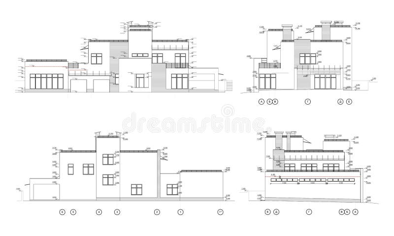 Set of private house facades, detailed architectural technical drawing, vector blueprint vector illustration