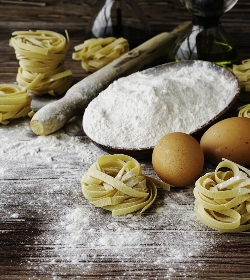 A Set of Products for Cooking Pasta with Wheat Flour, a Selective Focus