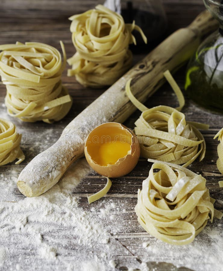 A Set of Products for Cooking Pasta with Wheat Flour, a Selective Focus