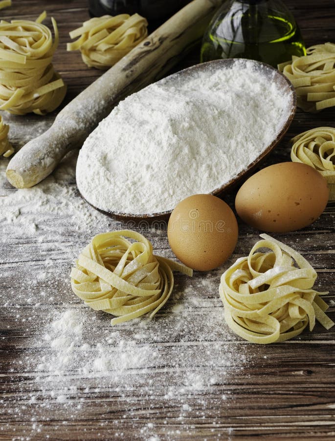 A Set of Products for Cooking Pasta with Wheat Flour, a Selective Focus