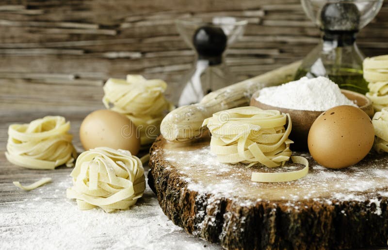 A Set of Products for Cooking Pasta with Wheat Flour, a Selective Focus
