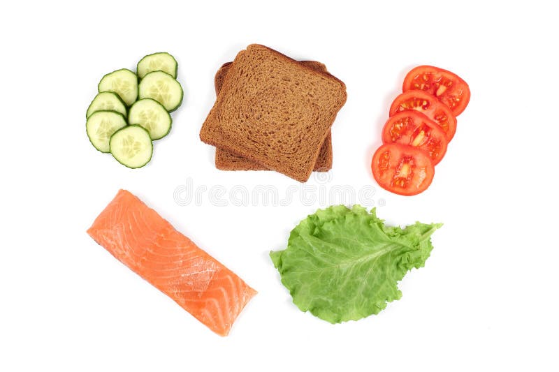 Set of products for a delicious breakfast. Red fish, fresh vegetables, tomatoes, bread,. Isolated on white background