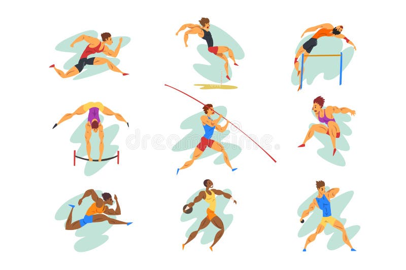 Flat vector set of professional athletes in different actions. Young muscular guys in sportswear. Active people. Olympic stock illustration Flat vector set of professional athletes in different actions. Young muscular guys in sportswear. Active people. Olympic stock illustration