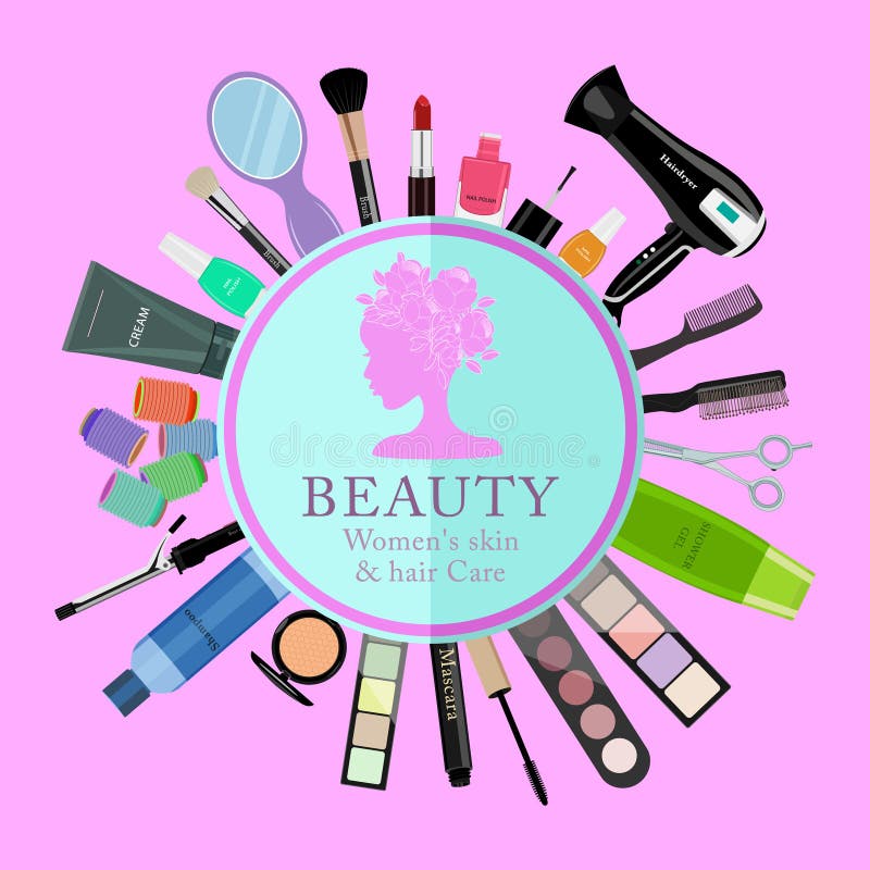 Set of professional cosmetics, various beauty tools and products: hairdryer, mirror, makeup brushes, shadows, lipstick royalty free illustration Set of professional cosmetics, various beauty tools and products: hairdryer, mirror, makeup brushes, shadows, lipstick royalty free illustration