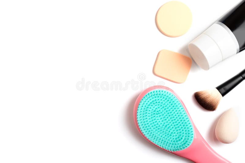 Set of professional decorative cosmetics, makeup and beauty tools and accessory on white background with copy space - beauty, royalty free stock images Set of professional decorative cosmetics, makeup and beauty tools and accessory on white background with copy space - beauty, royalty free stock images