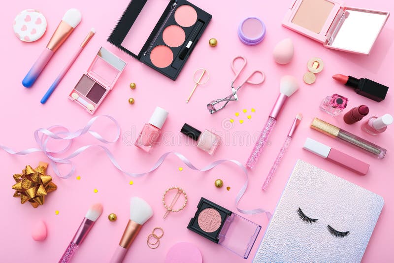 Set of Professional Decorative Cosmetics, Makeup Tools and Accessory on  Pink Background. Beauty, Fashion and Shopping Stock Image - Image of  polish, decorative: 178493081