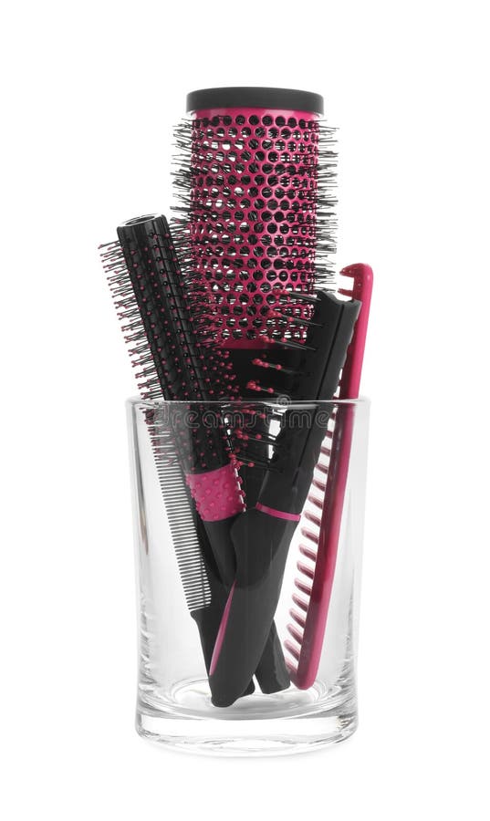 Set of Professional Hair Brushes and Combs in Glass Holder Isolated Stock  Photo - Image of personal, color: 188345712