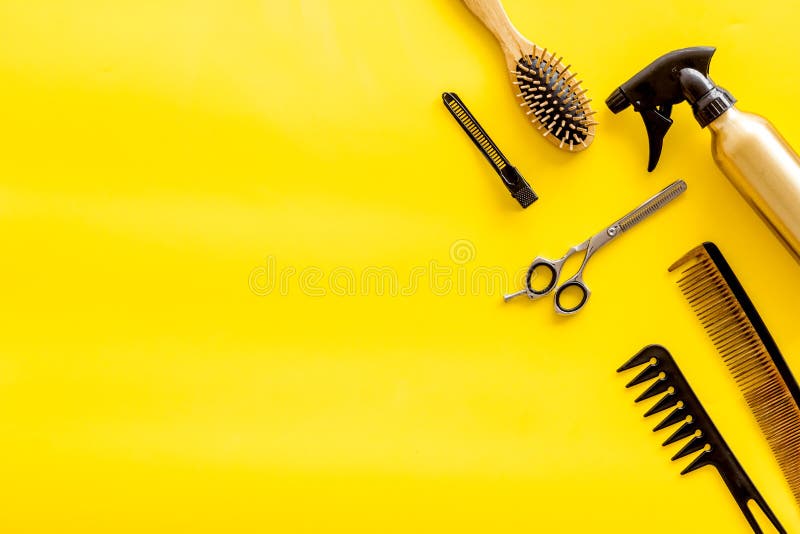 Set of Professional Hairdresser Tools with Combs and Styling on Yellow  Background Top View Mock Up Stock Photo - Image of desk, mockup: 150046094