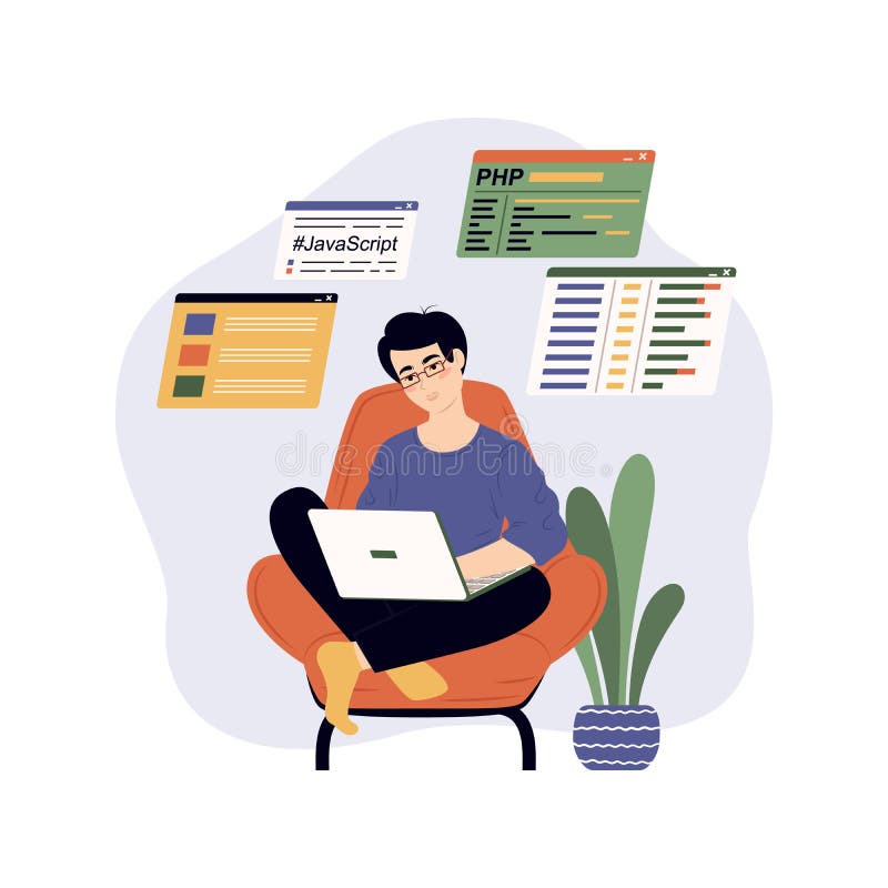 Set of programmers working programmer write software and create code concept script coding programming in php python vektorillustrasjon