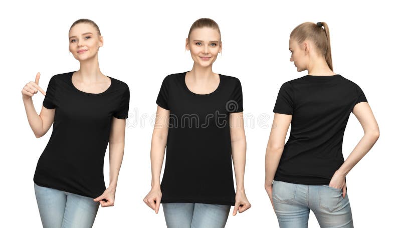 Colocar en vacío negro camisa diseno para imprimir a plantilla mujer joven en a página blanco trazado de recorte.