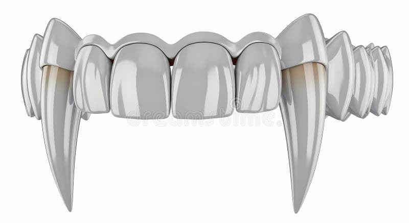 A set of prosthetic vampire teeth with extended canines, gleaming white against a stark background