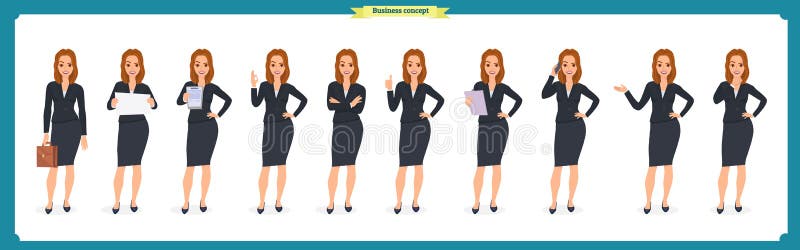 Set przedstawia w różnych pozach młody bizneswoman Ludzie charakterów _ Odizolowywający na bielu Mieszkanie styl Biznes ilustracji Set przedstawia w różnych pozach młody bizneswoman Ludzie charakterów _ Odizolowywający na bielu Mieszkanie styl Biznes ilustracji