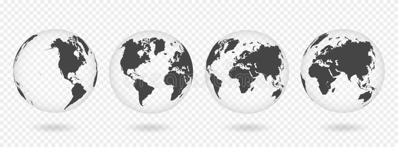 Set przejrzyste kule ziemskie ziemia Realistyczna światowa mapa w kula ziemska kształcie z przejrzystą teksturą i cieniem