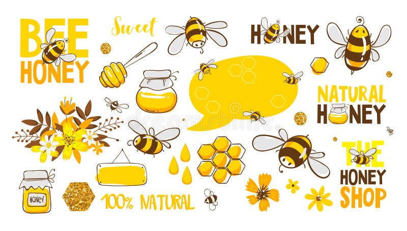 Set pszczoła, miód, literowanie i inna beekeeping ilustracja, eps10 kwiat royalty ilustracja Set pszczoła, miód, literowanie i inna beekeeping ilustracja, eps10 kwiat royalty ilustracja