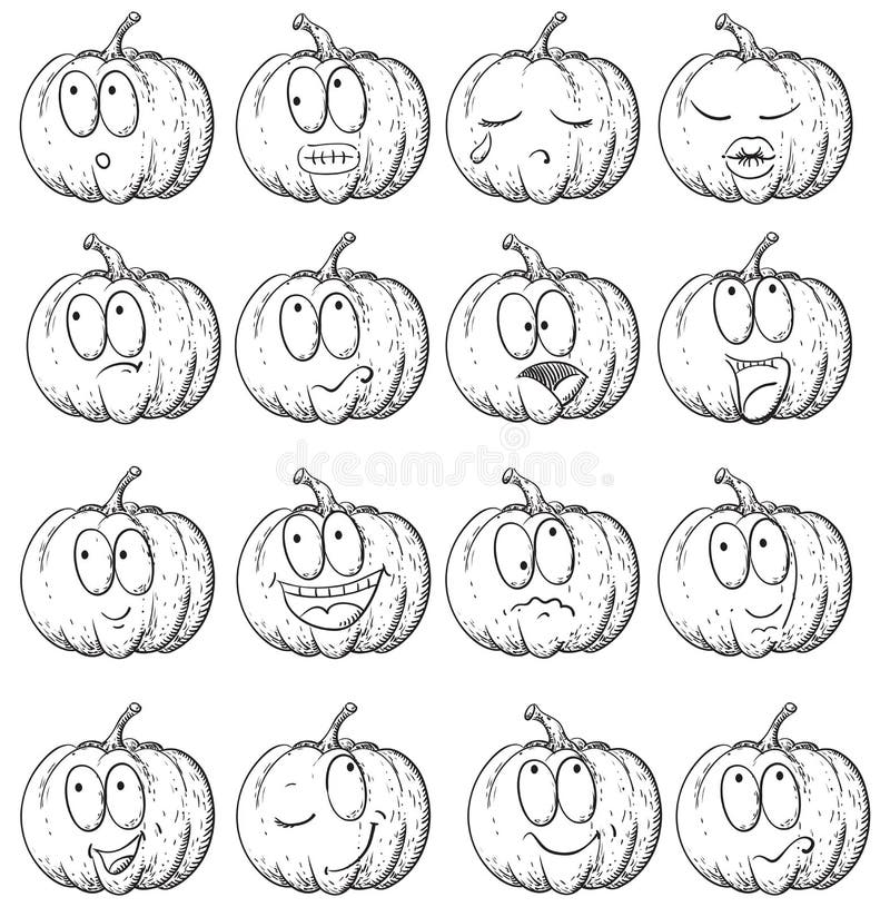 Hand drawn sketch of many various emotions in the form of pumpkin. Hand drawn sketch of many various emotions in the form of pumpkin