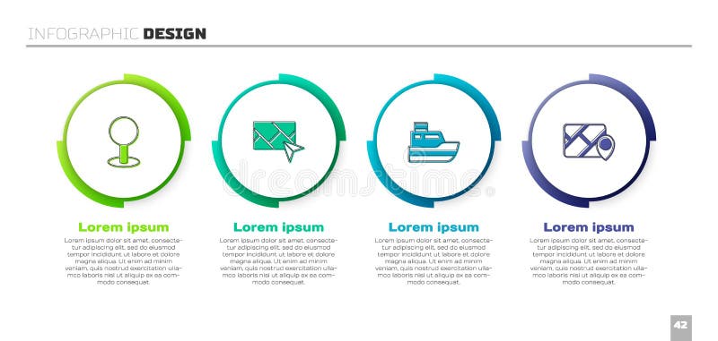 Set Push pin, City map navigation, Ship line path and Infographic of city. Business infographic template. Vector royalty free illustration