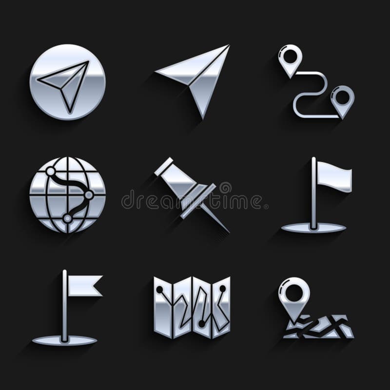 Set Push pin, Folded map with location marker, Flag, Location the globe, Route and Paper airplane icon. Vector stock illustration
