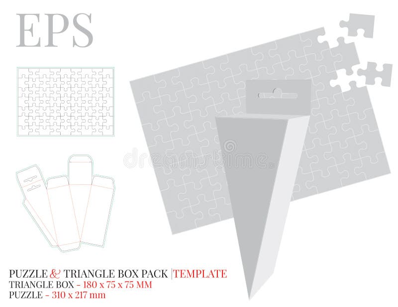 Puzzles and Triangle Box Template, vector with die cut / laser cut lines. White clear, blank, isolated triangle box mock up