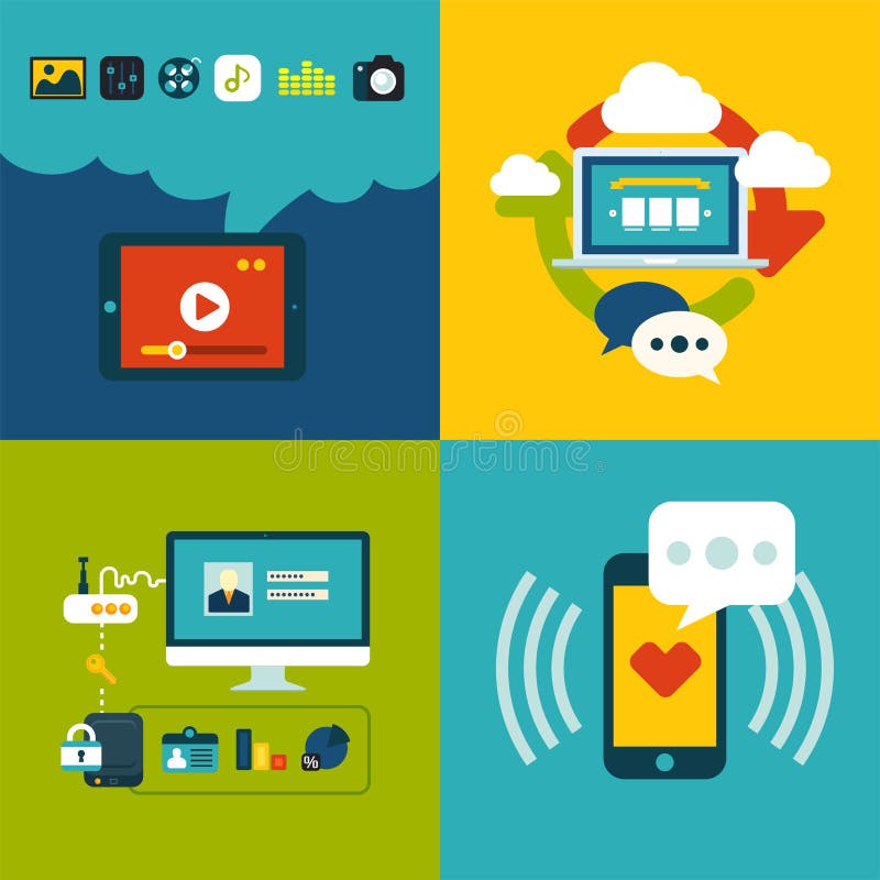 Set of flat design concept icons for web and mobile phone services and apps, icons for mobile email marketing, video digital marketing. Set of flat design concept icons for web and mobile phone services and apps, icons for mobile email marketing, video digital marketing.