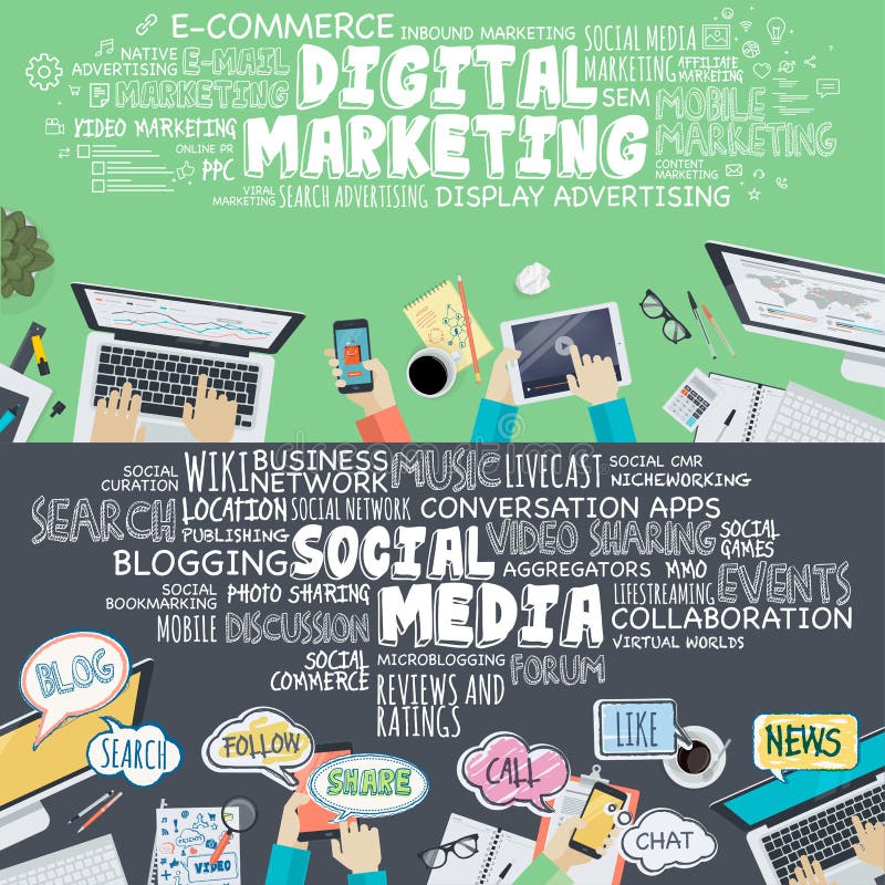 Set płaskiego projekta ilustracyjni pojęcia dla cyfrowego marketingu i ogólnospołecznych środków ilustracji