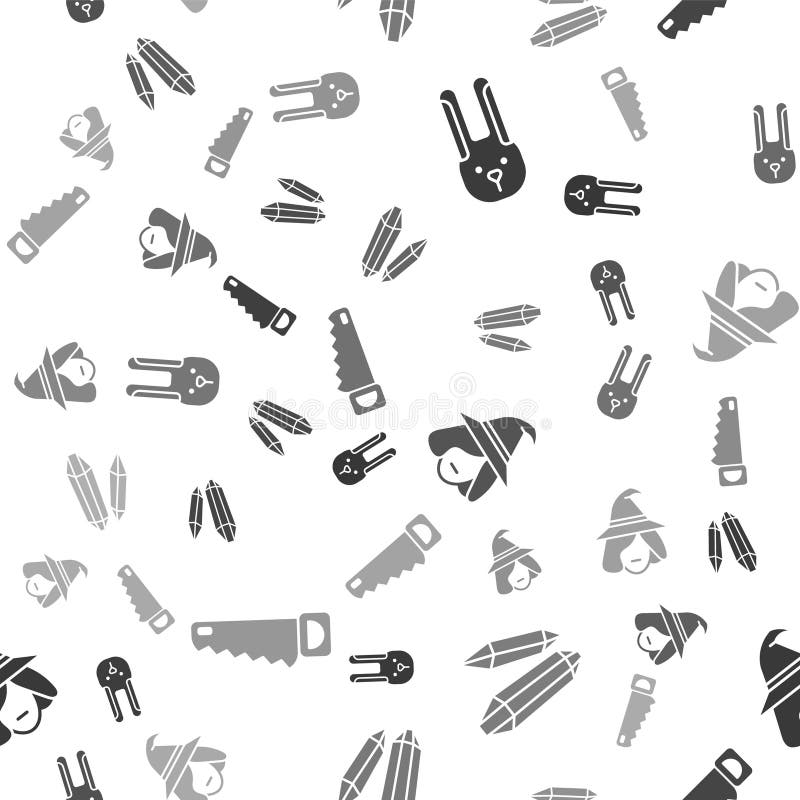 Set rabbit with ears magic stone witch and hand saw on seamless pattern vector stock de ilustración