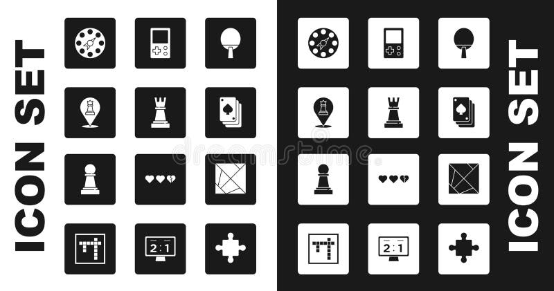 Set racket échecs twister jeu jouant cartes tétris rubik cube et icône. vecteur illustration stock